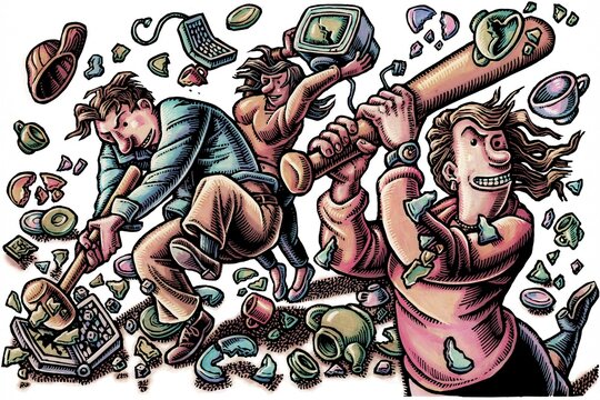 people swinging clubs and hammers and breaking technology and office supplies in a 'rage room'