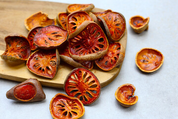 Dried bael slices used for herbal tea.