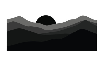Minimalist monochrome mountain range with a dark circular sun or moon