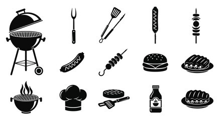 Barbecue tools and food items in a simple black and white illustration
