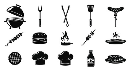 Black and white icons representing a barbecue and grilled food items