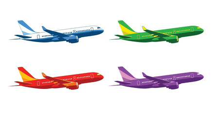 Colorful paper airplanes in blue green red and purple are shown