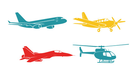 Colorful silhouettes of various aircraft including planes and a helicopter