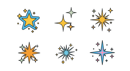 Colorful cartoon stars and sparkles arranged on a plain white background