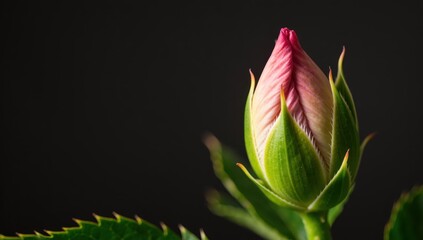 Closeup of a delicate pink hibiscus bud with green sepals against a dark background, showcasing its beauty