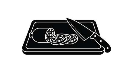 Sliced salami and a knife resting on a wooden cutting board