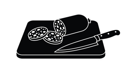 Simple black and white illustration of salami knife and cutting board