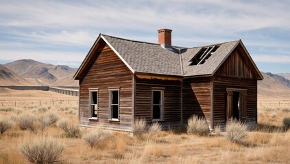 An old abandoned wooden house stands in a desolate field, a relic of the past against a cloudy sky
