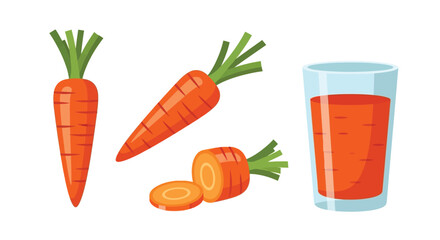 Fresh carrots and a glass of vibrant orange carrot juice illustration