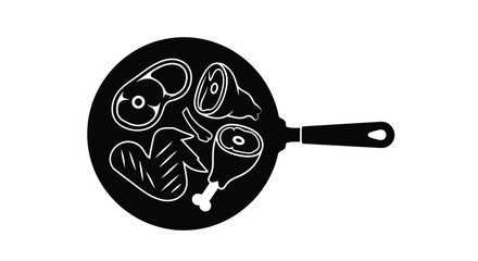 Black and white illustration of a frying pan with cooked meat inside