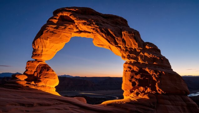 Delicate arch in arches national park at dusk with a clear sky and a faint glow on the horizon