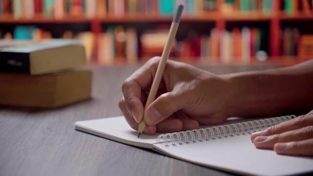 Close-up of a Hand Writing in a Spiral Notebook with a Pencil in a Library Setting