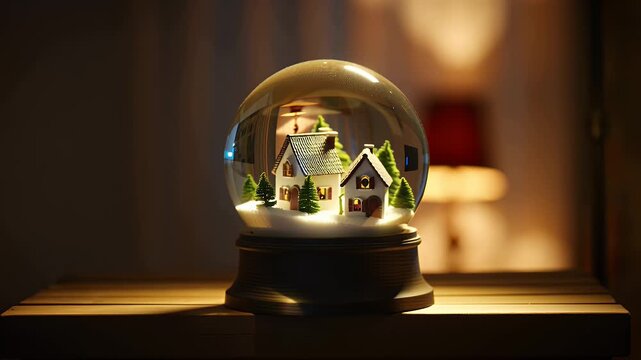 Cozy snow globe featuring tiny illuminated houses inside a warm indoor display