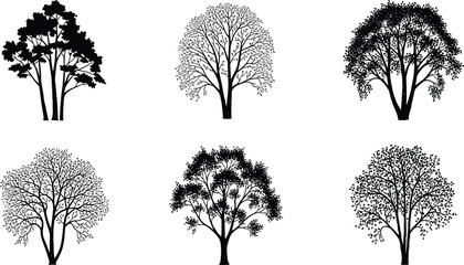 Obraz premium Stylized tree silhouette vector set, black illustration, diverse branching and canopy patterns, botanical forest design, abstract foliage artwork, minimal nature concept elements