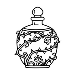 Obraz premium Flat black and white line illustration of an antique perfume bottle covered in coral filigree 