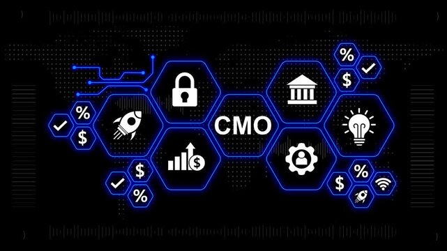 CMO Marketing Strategy Network with Icons for Growth Innovation and Finance
