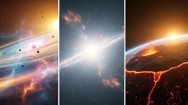 A striking triptych featuring cosmic scenes planets in space, a starburst, and a volcanic planet