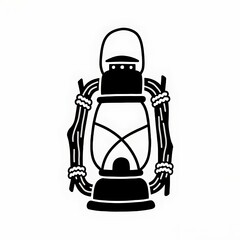 Flat black and white line illustration of a lantern made from driftwood and rope