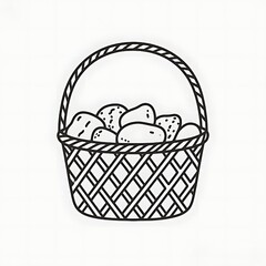 Flat black and white line illustration of a woven basket with beach pebbles inside