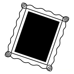 Flat black and white line illustration of a photo frame with tiny shell edges