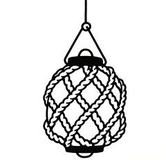 Flat black and white line illustration of a coastal hanging light made from woven rope