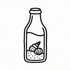 Flat black and white line illustration of a glass bottle filled with sand and sea shells
