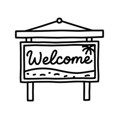 Flat black and white line illustration of a beach-inspired welcome signboard