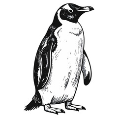 Detailed black and white penguin illustration in hand-drawn style. Ideal for educational, wildlife, scientific, editorial, merchandise, and nature-themed design or branding projects.