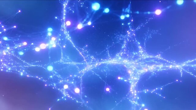 Seamless 4K ultra-realistic looping animation of a futuristic flowing data network plexus. Billions of luminous particles, nodes, and connecting filaments drift and weave through a vast 3D digital spa