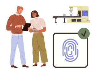 Team reviewing documents, fingerprint authentication, green checkmark, assembly line. Ideal for technology, innovation, security, factory production teamwork digital identity efficiency. Simple