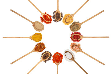 Top view of spices in circles with blank space