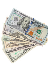 Top view photo of fanned US dollars on a clean white surface