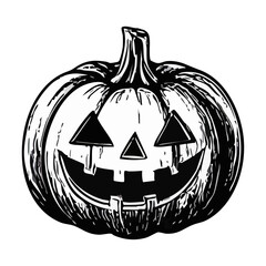 Hand-drawn black and white jack-o'-lantern with classic carved face and textured surface. Perfect for Halloween design, spooky decor, packaging, textiles, and seasonal creative projects.
