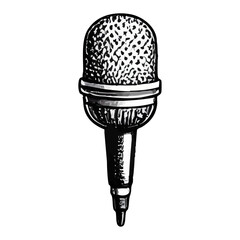 Hand-drawn black and white dynamic microphone illustration with mesh grille and connector. Perfect for music, podcast, broadcast, audio gear, and vintage-themed creative design projects.