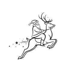 Naklejka premium Black & white Santa riding reindeer, vector illustration