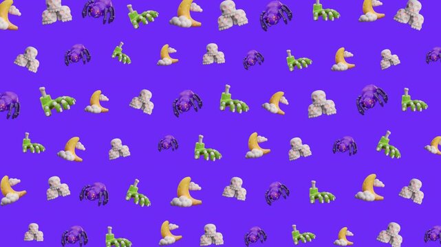 Halloween seamless pattern pixel art spooky moon spider monster ghost suitable for holiday designs, digital backgrounds, game assets, and festive graphics