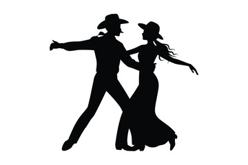 Silhouette of a couple dancing in cowboy hats and western attire