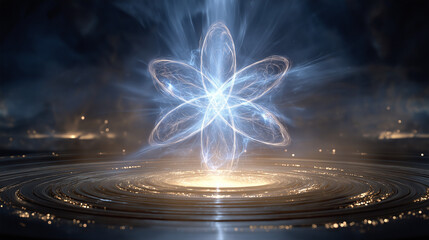 Atom Energy: A glowing atom emanates energy, its core a nucleus of power, surrounded by swirling energy in a vibrant display of the universe's inner workings.