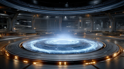 Futuristic Tech Hub: A sleek, modern interior with a central energy field, showcasing advanced technology and innovation.