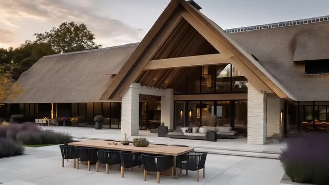 A sprawling, modern farmhouse with a thatched roof, surrounded by lush lavender, boasts an outdoor dining area.