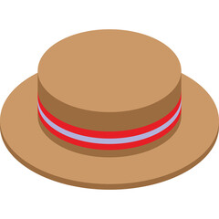 Brown Boater Hat With Red and Blue Ribbon Detail on Transparent Background