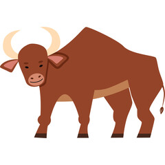 Brown bull with large horns standing with a transparent background facing left with a neutral expression and stylized body shape