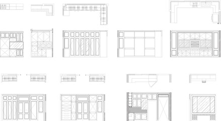 Furniture Built-in Drawing Set – 9 Interior Design Layouts with Wardrobe, Kitchen Cabinet, Work Desk and Pantry (Color and Vector Line Versions)