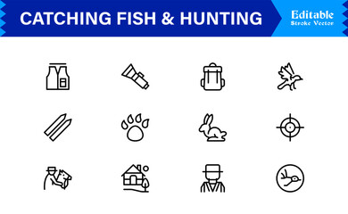 Fishing And Hunting line icon set featuring editable, pixel-perfect symbols. Includes professional, modern, minimal designs crafted for outdoor adventure themes.