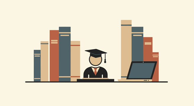 Graduate sits at desk with books and laptop, symbolizing education and academic achievement in a minimalist style, conveying knowledge and success.