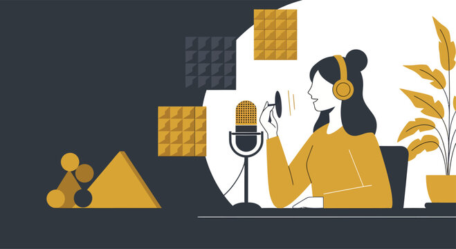 Woman recording podcast in home studio with microphone and headphones, creating engaging audio content in a modern, minimalist style.