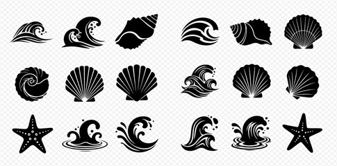 Black and white vector illustration of various sea-themed elements such as waves, shells, and starfish.