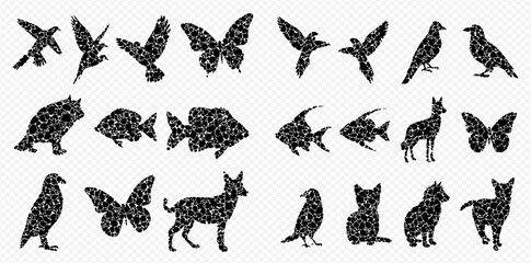 A collection of animal silhouettes, including birds, fish, butterflies, dogs, and cats, all in black and white.