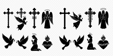 Christian religious symbols including crosses, angels, doves, a praying woman, and a sacred heart.