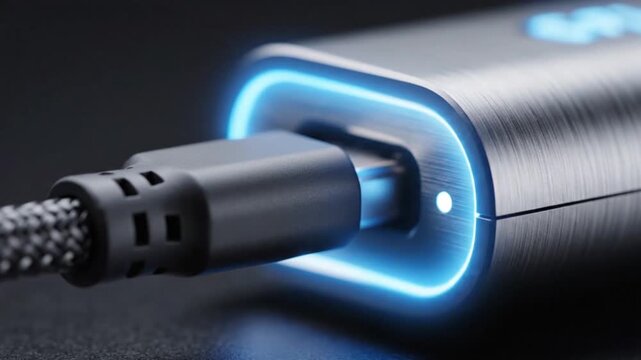 Closeup of a USBC cable being plugged into a power bank showing the connection and charging indicator.